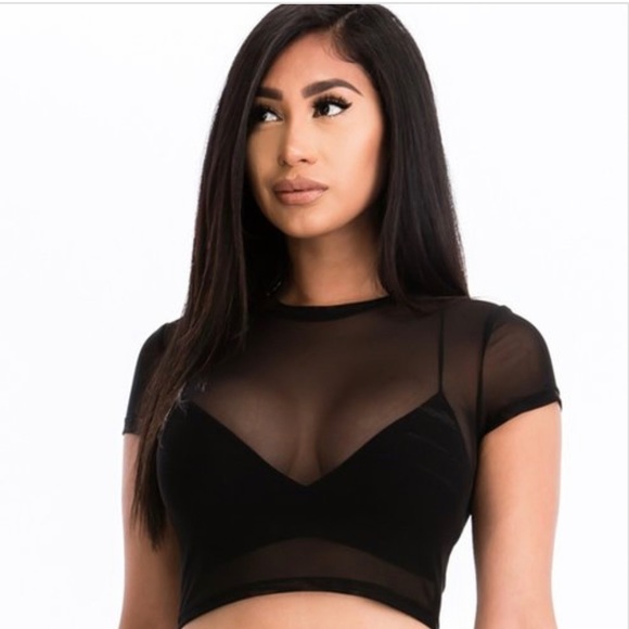 NEW TRENDY BLACK SHORT SLEEVE SHEER MESH CROPPED TOP SHIRT - Picture 2 of 2